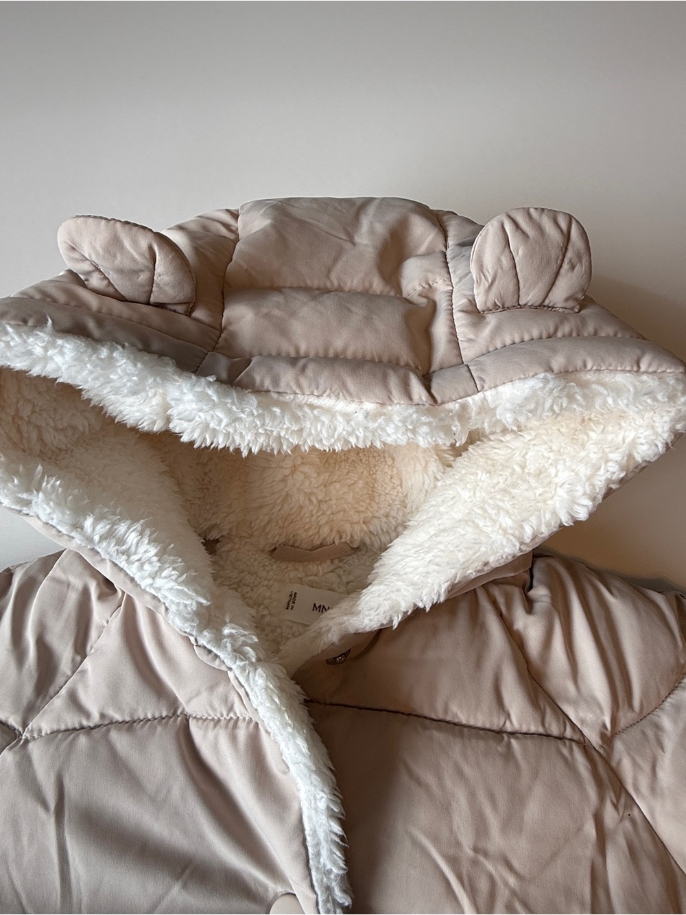 MANGO Baby Puffer Tan Hooded Jacket with Sherpa Lining - 3-6 months - Picture 2 of 7